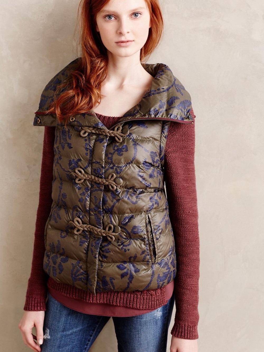 🌿 Pilcro Green Motif Puffer Vest Quilted Zip Front Size Small
